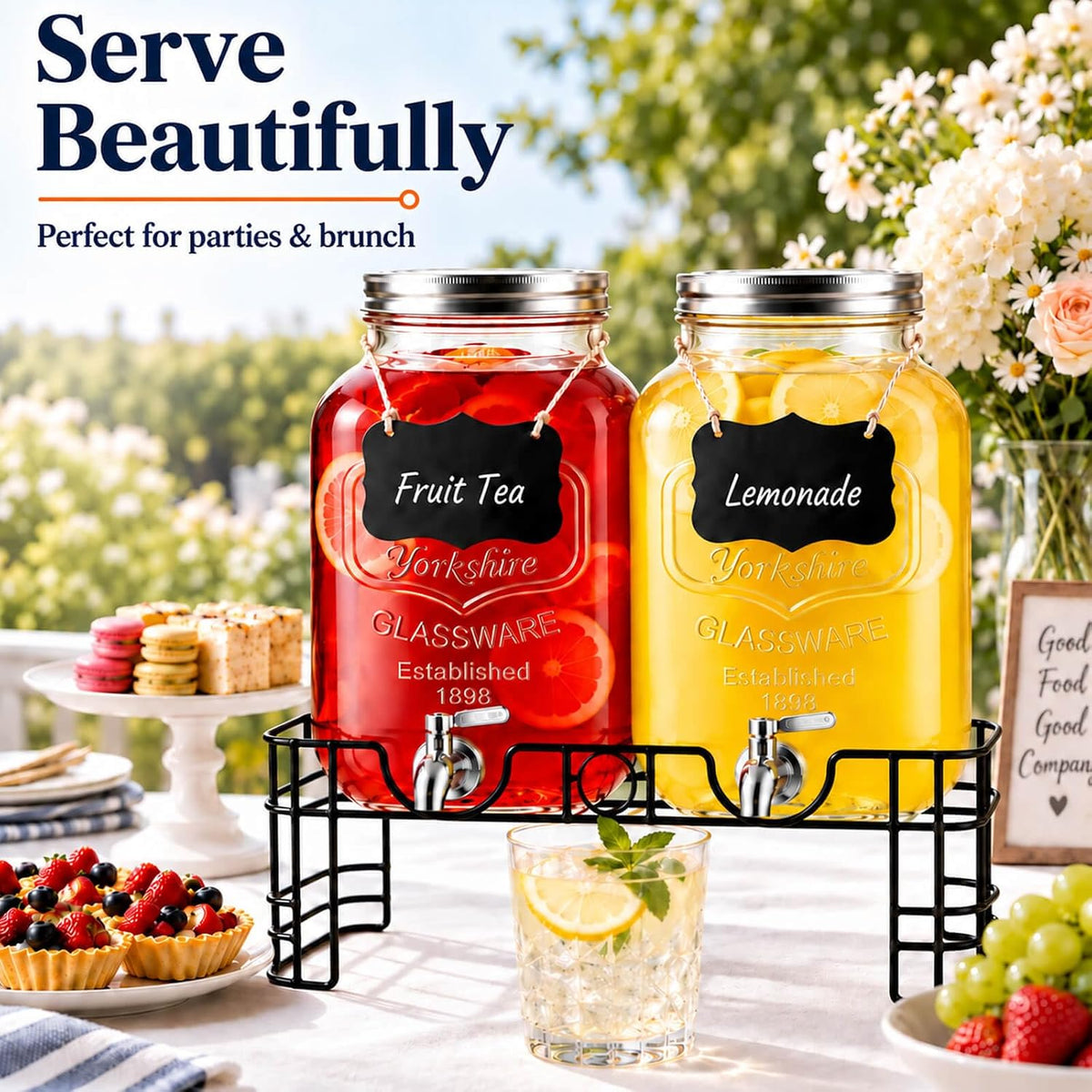2 Gallon Glass Drink Dispensers for Parties with Stand, 2 Pack