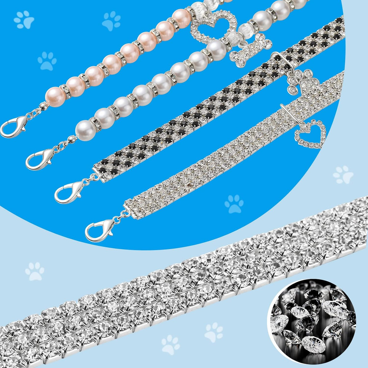 4 Pcs Pearl Dog Collar, Adjustable Rhinestone, Small, Paw Style