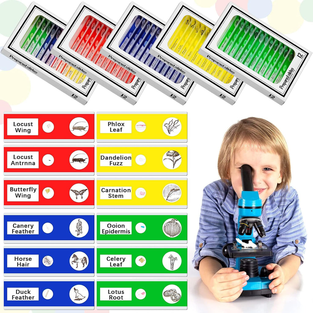 120 Pcs Prepared Microscope Slides, 48 Different Patterns Animals Plants Insects Specimens for Kids, Students Biology