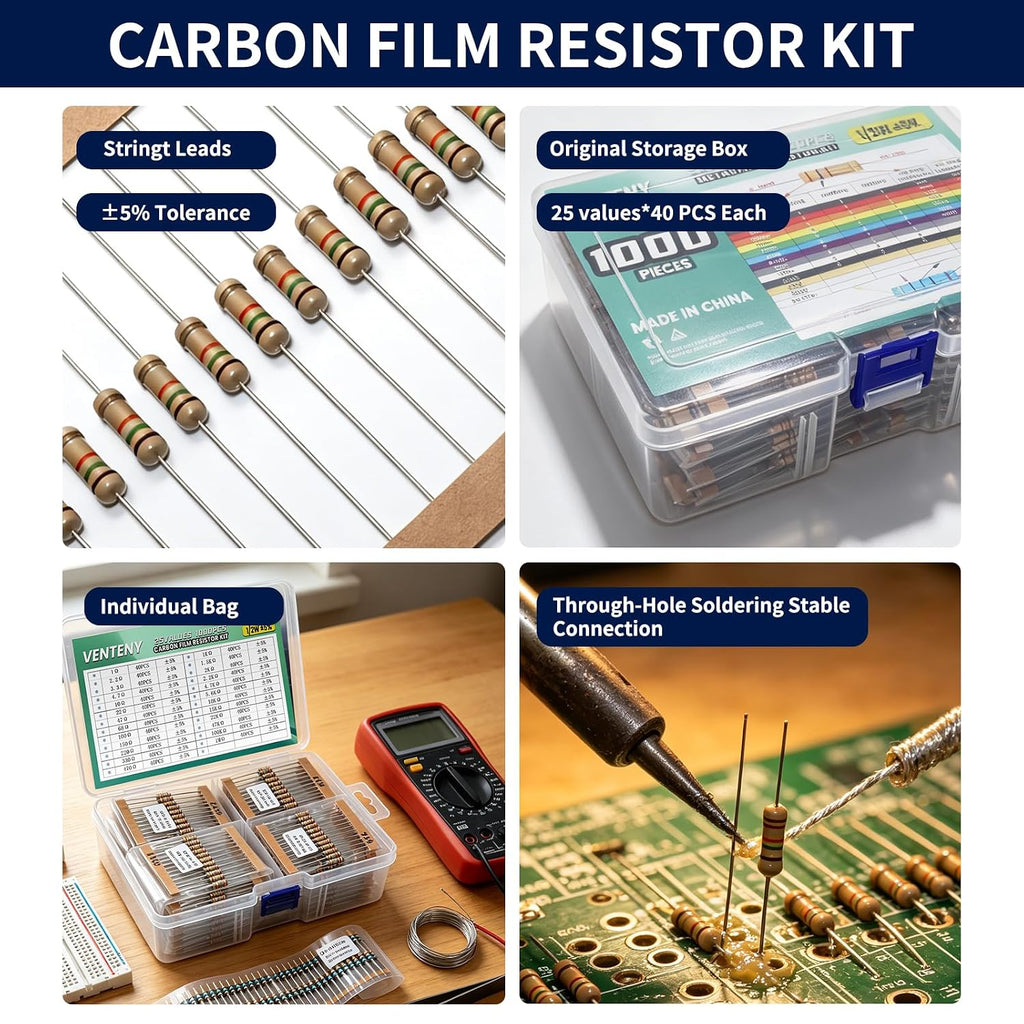 1000PCS Resistor Kit, 25 Values 1 Ohm-1M Ohm, 1/4W 5% Carbon Film