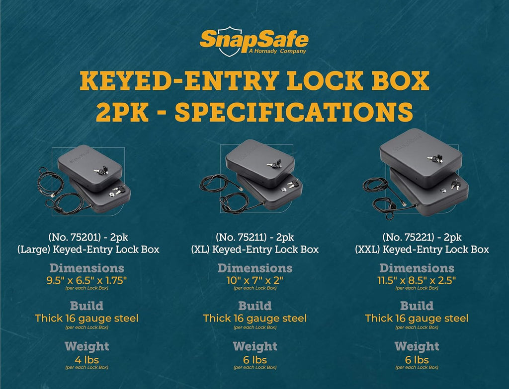 Portable Lock Box for Guns and Valuables, 2 Pack - Includes 2 Lock Boxes (Keyed Alike), 4 Keys and 1500 Pound