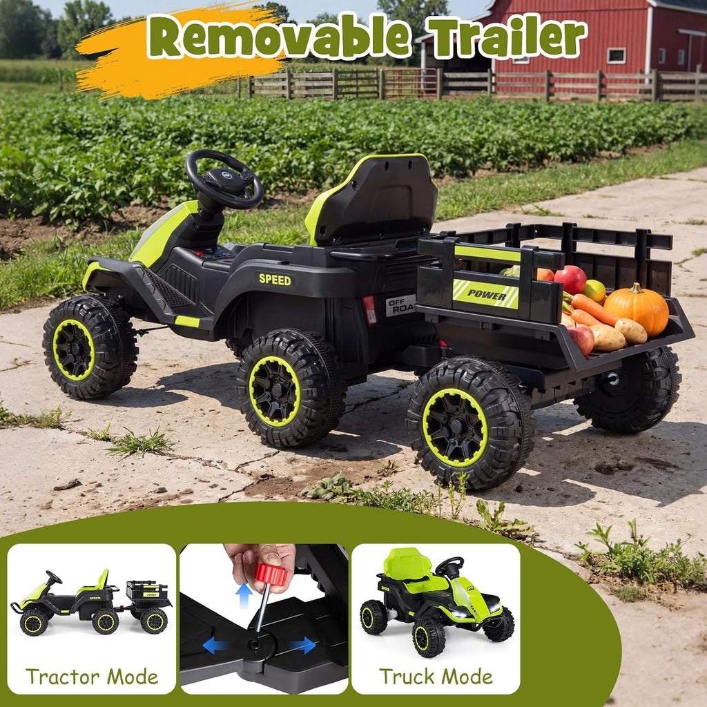 Ride on Tractor with Detachable Trailer, 24V Ride on Toys for Big Kids, Electric Vehicle with Parent Remote, 20°
