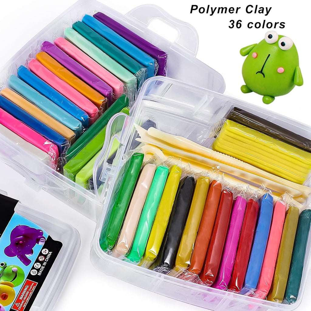 36-Color Polymer Clay Oven Bake Modeling Kit | 5 sculpting tools, 2-layer storage box, acc. pack, guide. Great for