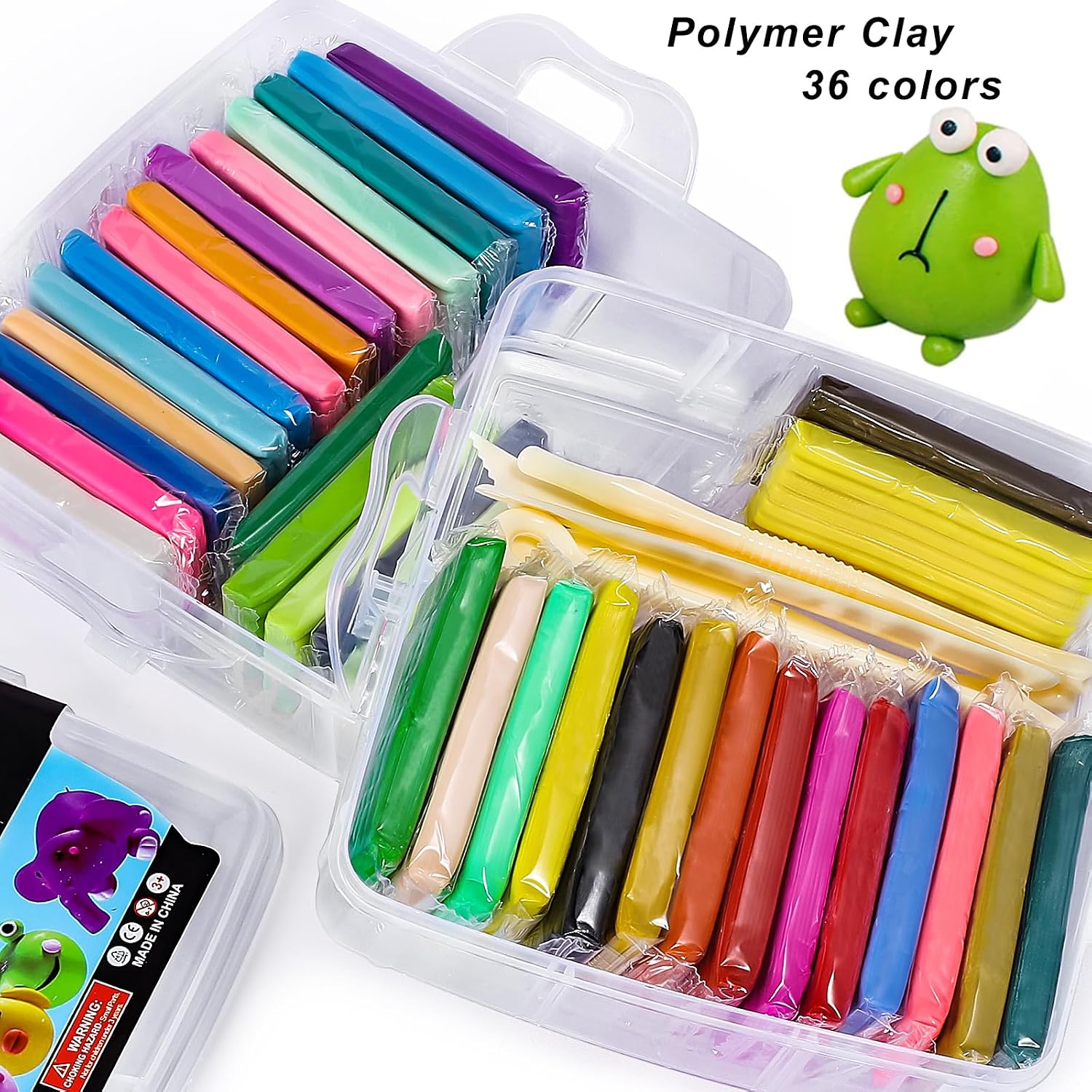 36-Color Polymer Clay Oven Bake Modeling Kit | 5 sculpting tools, 2-layer storage box, acc. pack, guide. Great for