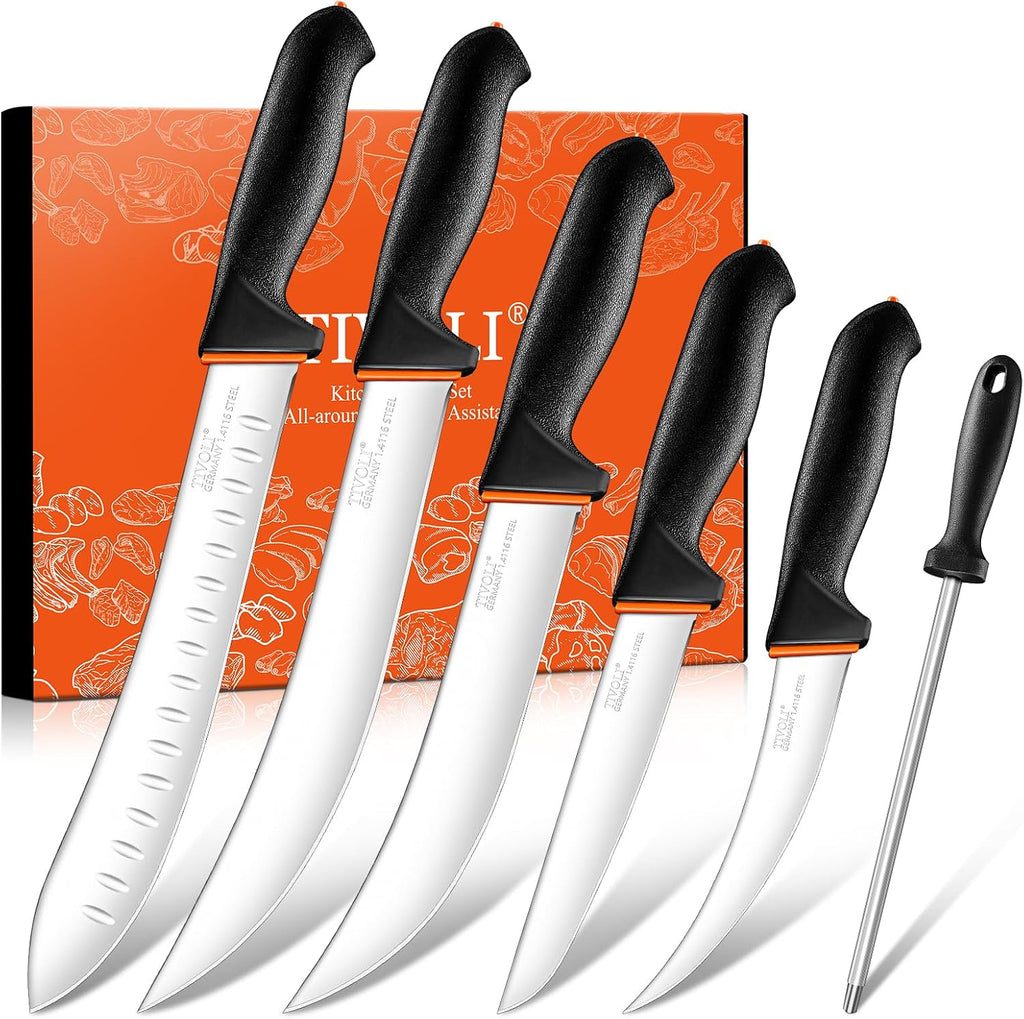 Butcher Knife Set 6 pcs - Game Processing Knife Set 7" Sharpener Rod