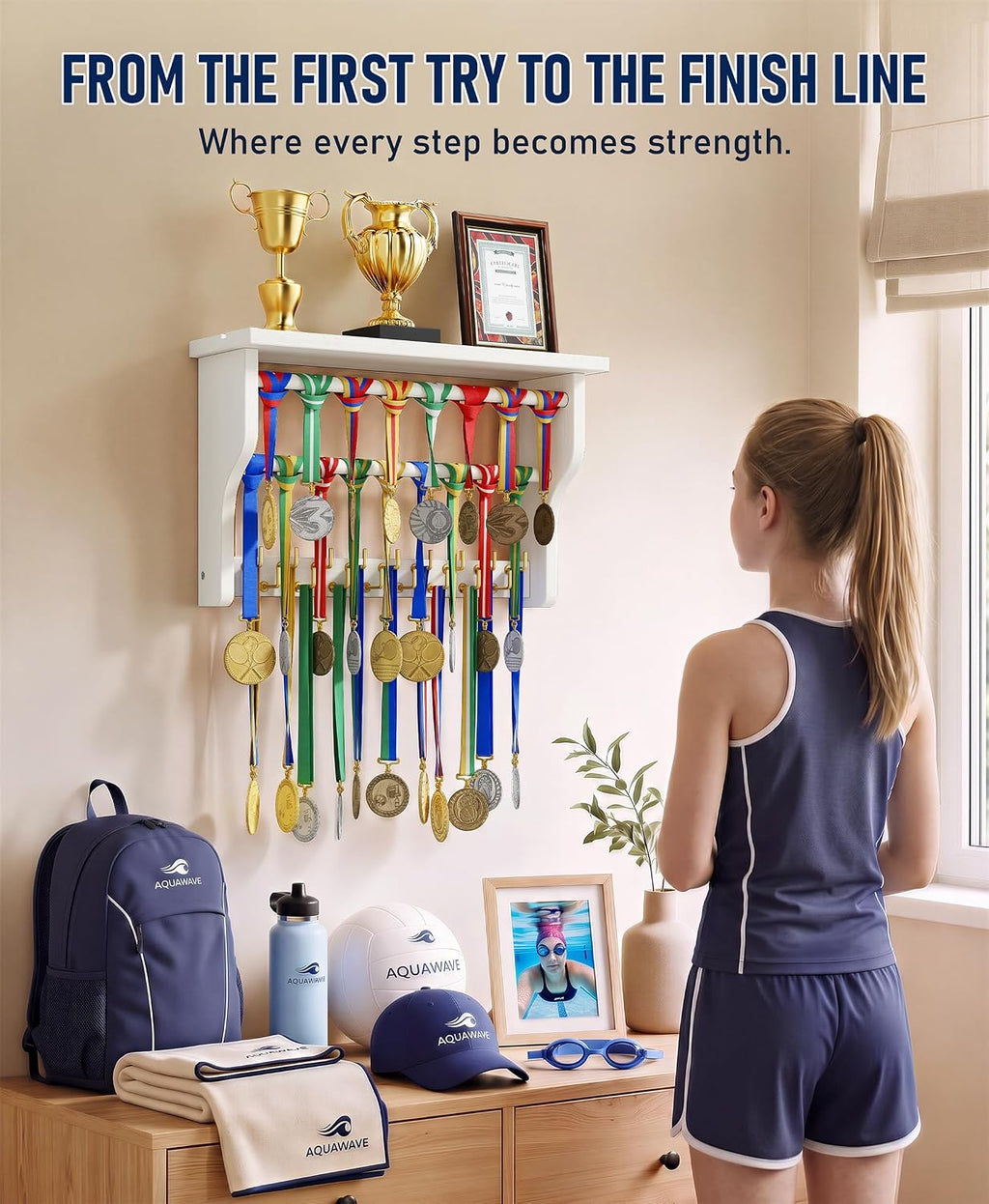 Medal Hanger Display, 3-Tier Solid Wood Trophy Shelf Rack | Medal Holder,2 Medal Bars,17 Metal Hooks,Heavy Duty