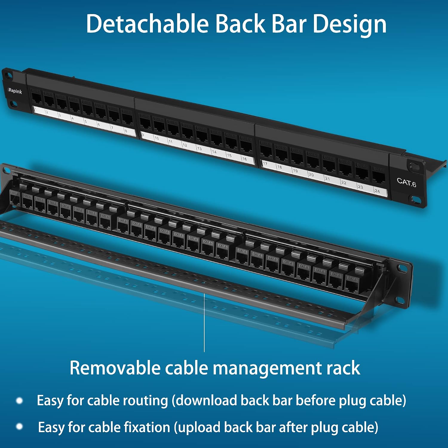 Patch Panel 24 Port Cat6 with Inline Keystone 10G Support, Pass-Thru Coupler Patch Panel UTP 19-Inch with Removable