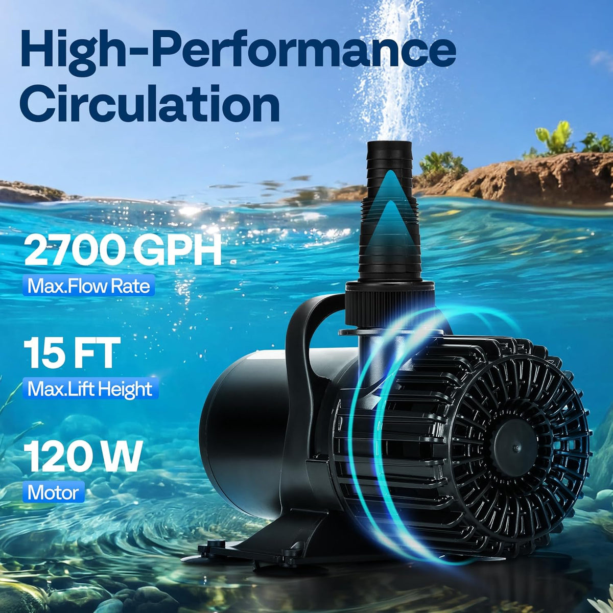 120W Pond Pump, 2700GPH Submersible Water Pump for Koi Pond