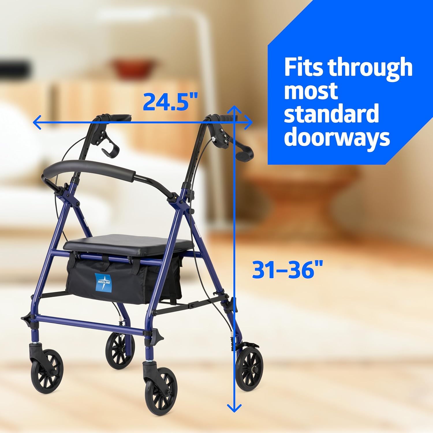 Rollator Walker with Seat, Steel Rolling Walker with 6-inch Wheels Supports up to 350 lbs, Medical Walker, Blue