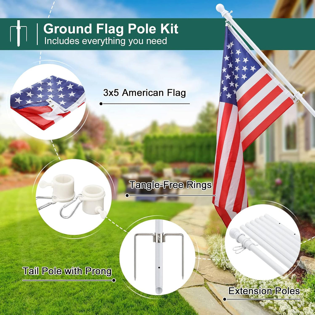Yard Flag Pole for Outside Ground - 8.5 ft Tangle Free Heavy Duty Flag Pole Kit with 2 Anti-Tip Prong Base,Portable