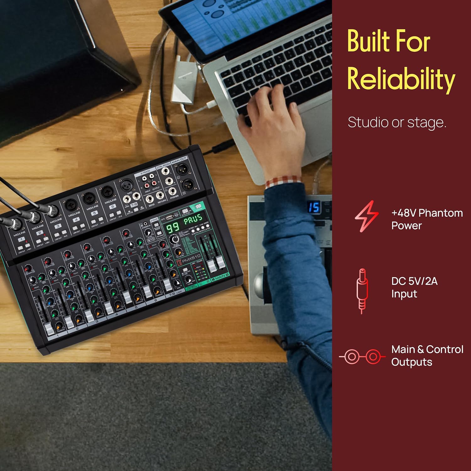 10 Channel Audio Mixer - 6 XLR Combo Mic Inputs, Bluetooth Studio Mixer/DJ Controller with DSP Digital Effects, USB-A