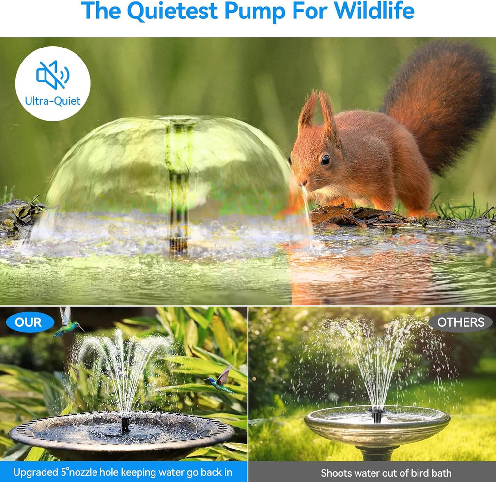 6.5W Solar Fountain Pump for Bird Bath Built-in 3000mAh Battery Backup, DIY Solar Water Fountain with Double-Layer