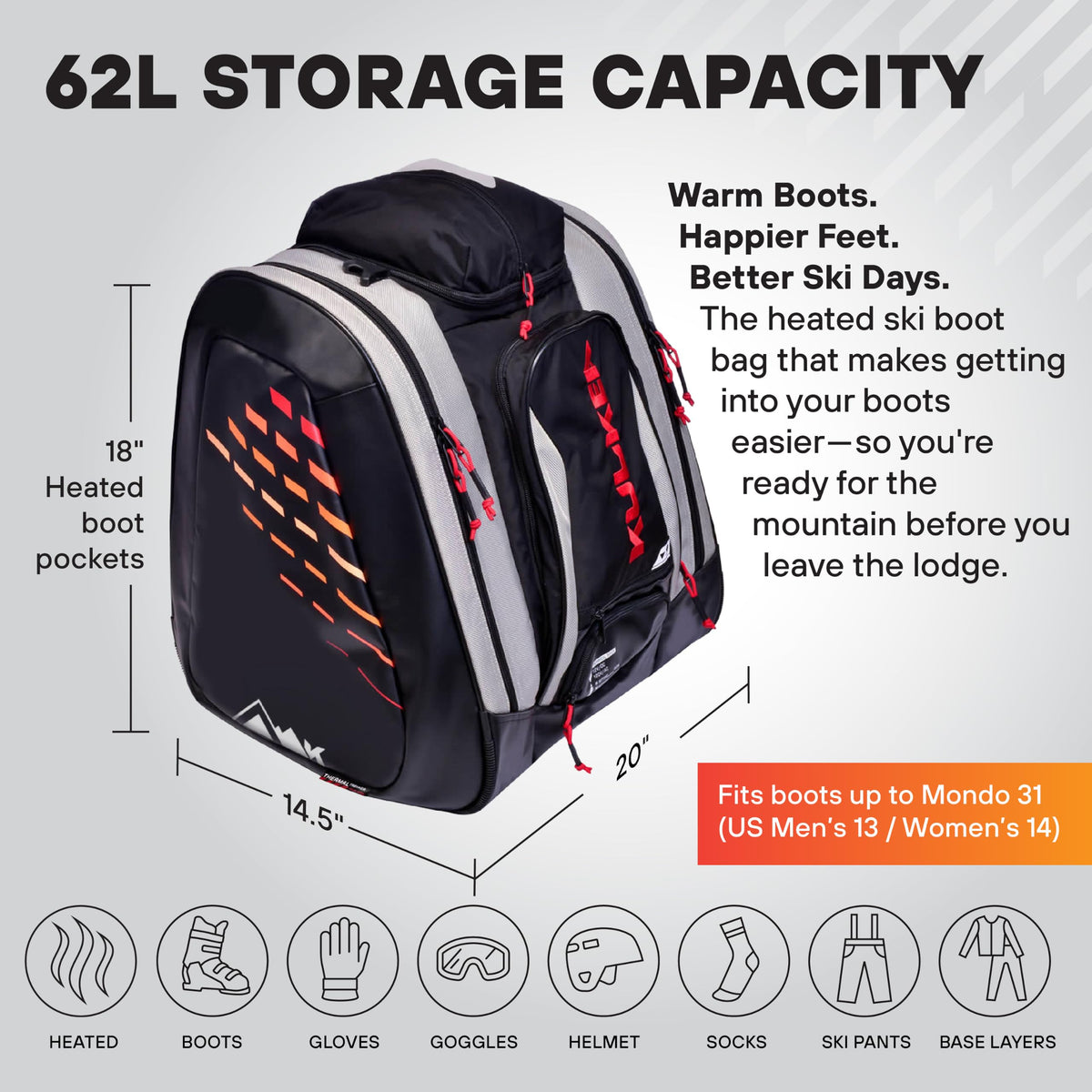 Thermal Trekker Heated Ski Boot Bag, 62L Ski Boot Backpack