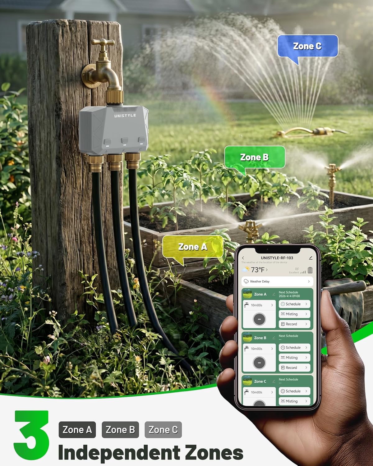 [All-New 2027] 1700FT WiFi Sprinkler Timer 3 Zone with Brass Inlet, Unistyle Smart Hose Timers Compatible Alexa &