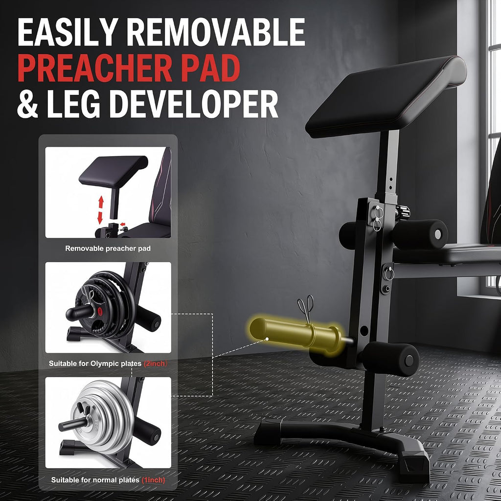 Adjustable Weight Bench with Leg Extension and Preacher Curl Pad | Foldable Workout Bench, 10 Positions Incline