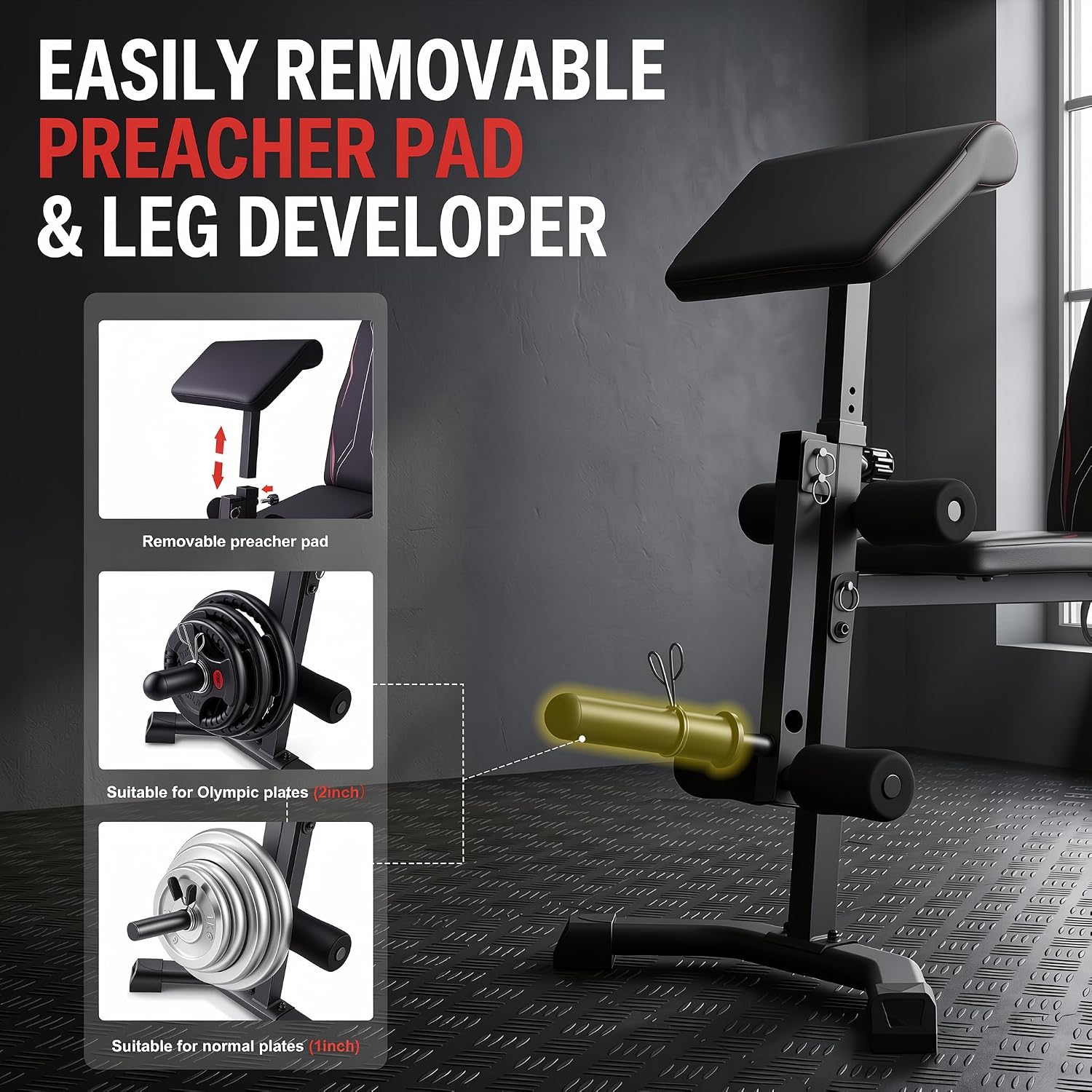 Adjustable Weight Bench with Leg Extension and Preacher Curl Pad | Foldable Workout Bench, 10 Positions Incline