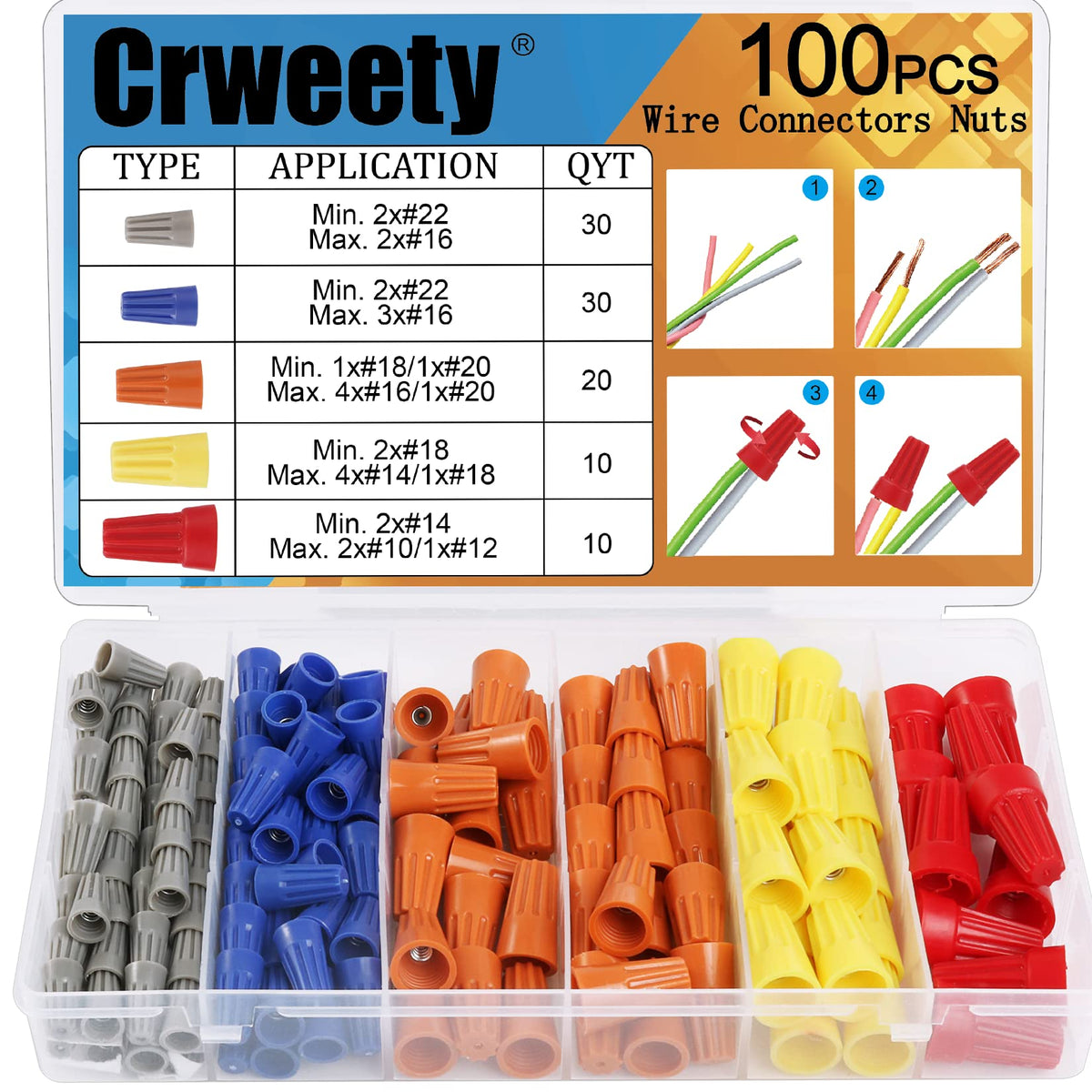 Crweety 100 Pcs Wire Connectors Nuts Assortment Kit, Electrical Wire Caps