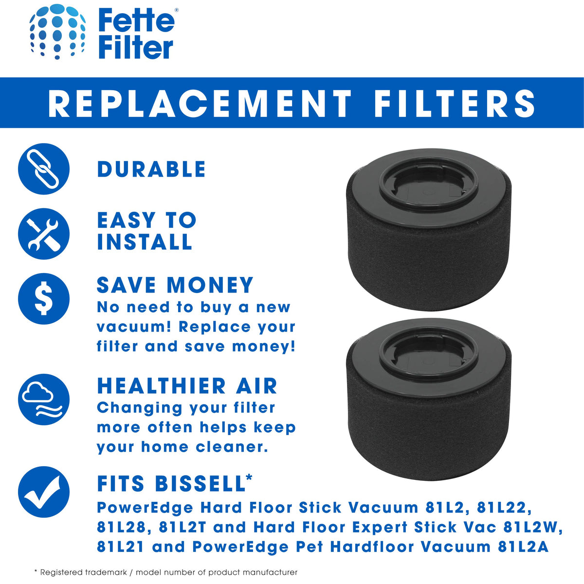 Fette Filter - Replacement Filter Pack Compatible with Bissell 54A2 for PowerEdge Hard Floor Vacuums. (2-pack)