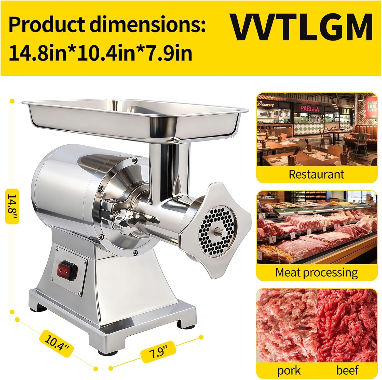 Heavy Duty Commercial Meat Grinder Machine 1.5 HP, 1100W, 330LB/h Stainless Steel Electric Meat Mincer with 2 Blades