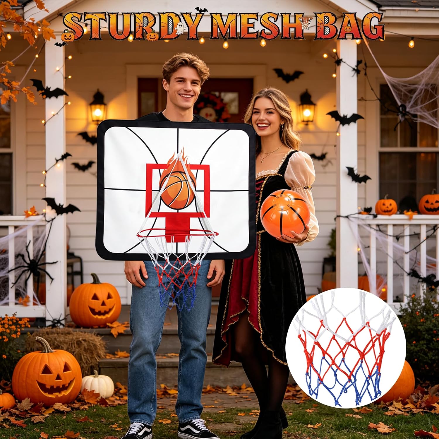 Adult Basketball Hoop Costume, Wearable Backboard Costume with Inflatable Basketball, Funny Sports Theme Halloween