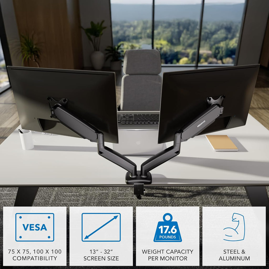 Dual Monitor Desk Mount, 13-32", 17.6 lbs Each | Two independent gas spring arms, full motion, VESA 75x75 & 100x100
