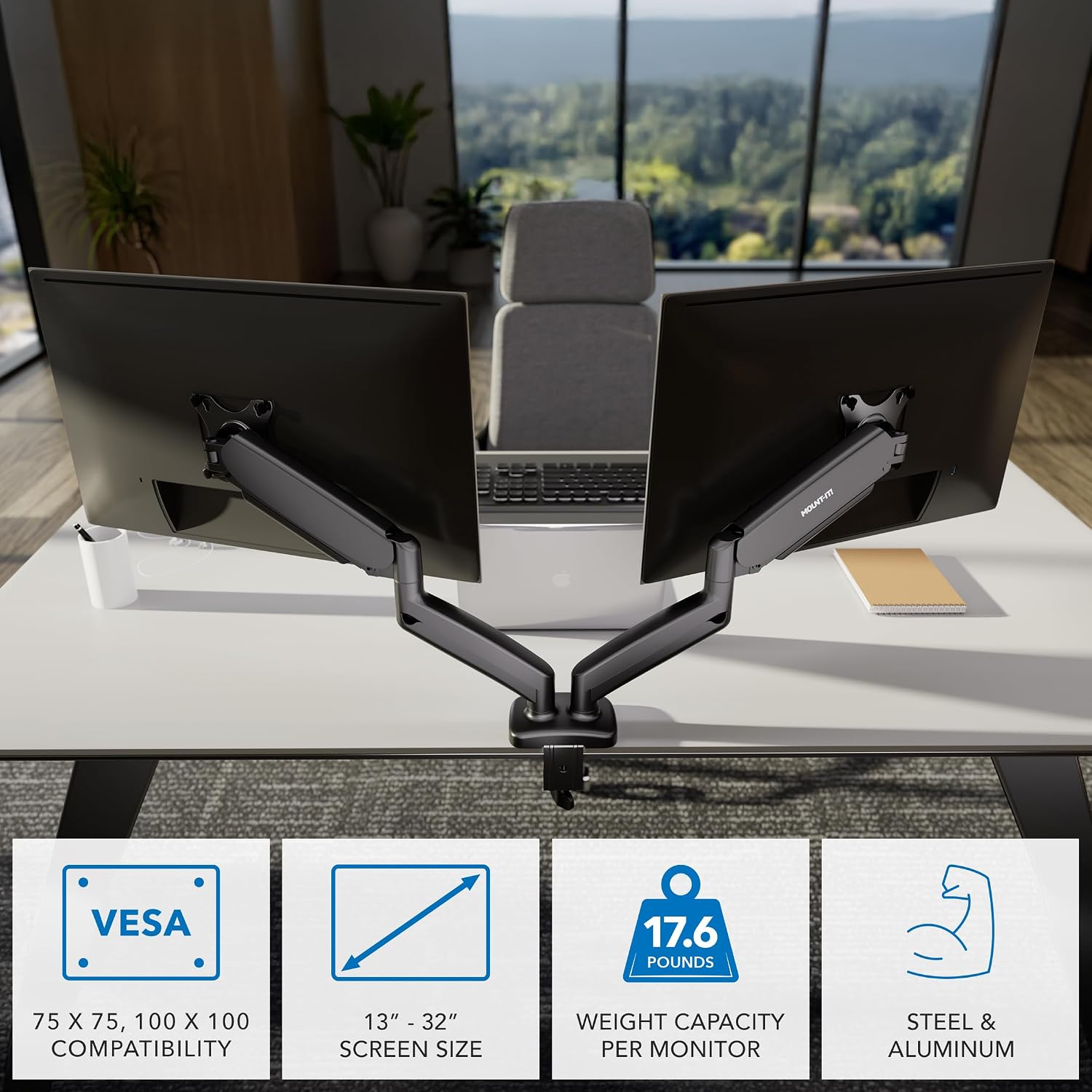 Dual Monitor Desk Mount, 13-32", 17.6 lbs Each | Two independent gas spring arms, full motion, VESA 75x75 & 100x100