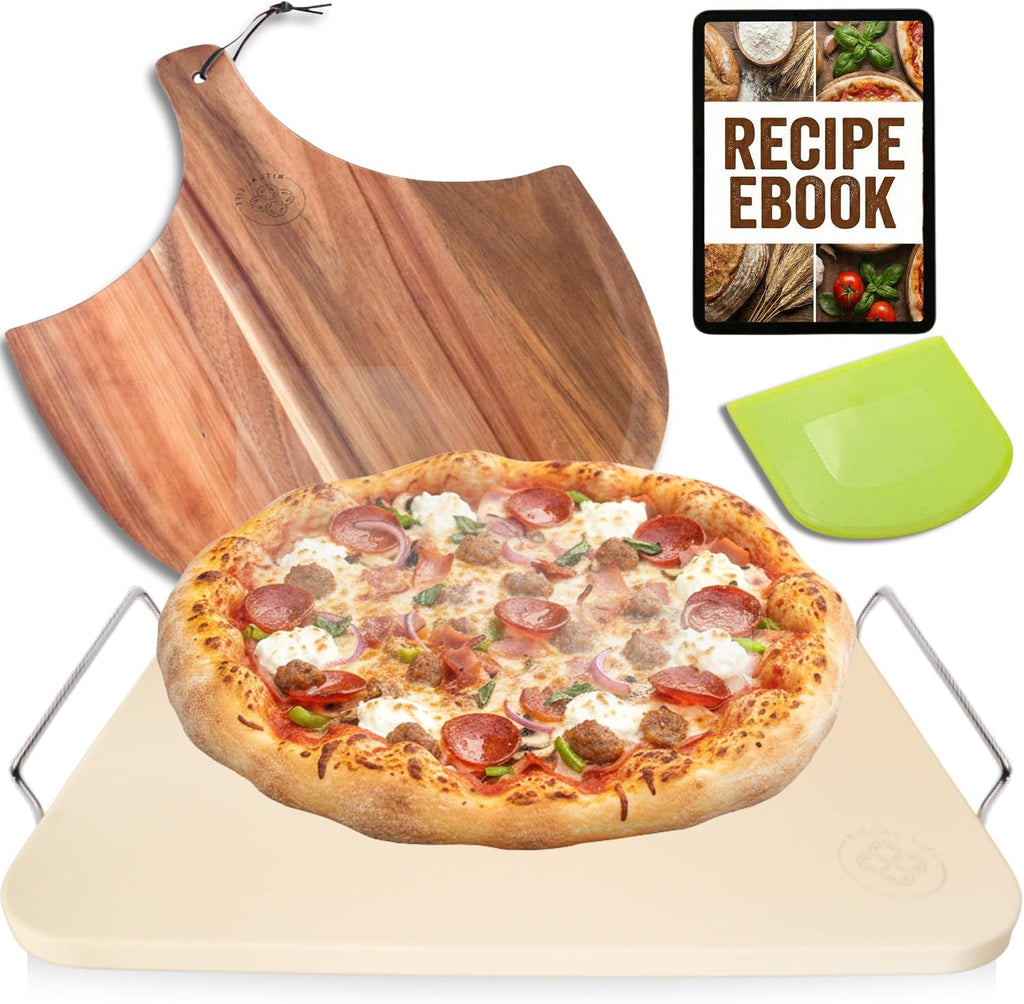 Pizza Stones for Oven and Grill - Pizza Stone with Handles, Wooden Peel and Dough Tool - 15 inch x 12 inch