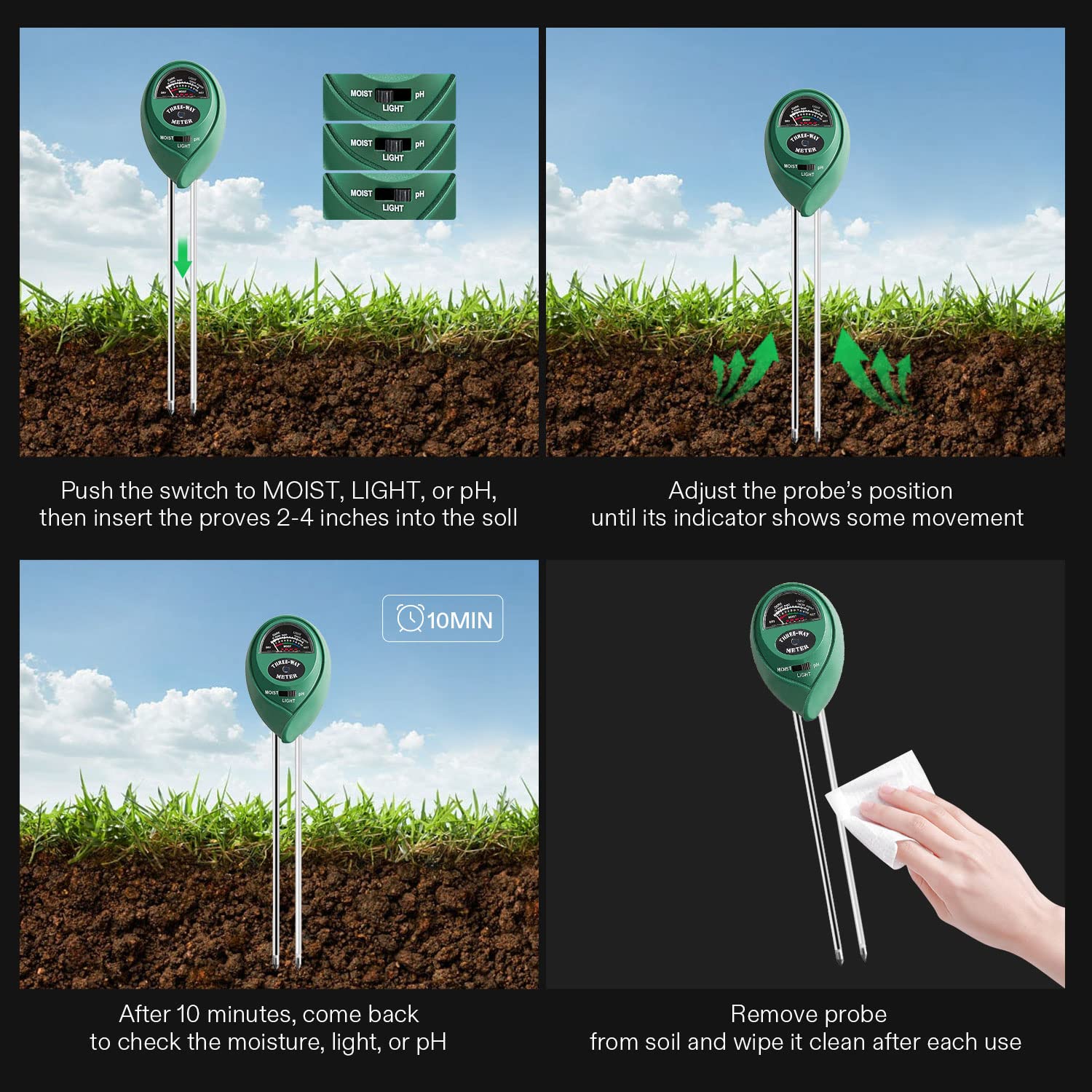 VIVOSUN Plant Soil Moisture Meter, 3-in-1 pH Tester, Indoor & Outdoor Use | Battery-Free; 3-in-1 Plant pH Tester;