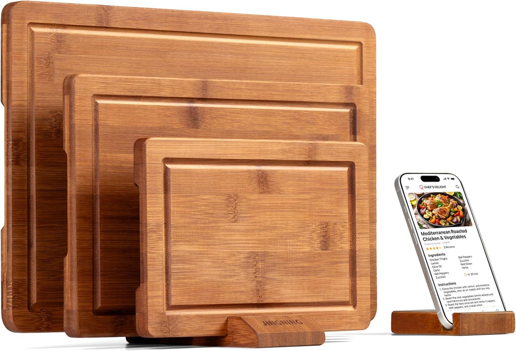 Deep-Carbonized Bamboo Cutting Board Set for Kitchen with Wood Storage Stand, Deep Juice Grooves, Easy-Grip Handles &
