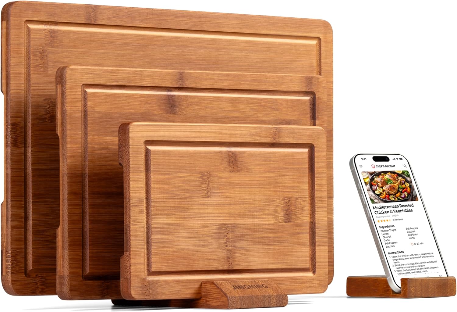 Deep-Carbonized Bamboo Cutting Board Set for Kitchen with Wood Storage Stand, Deep Juice Grooves, Easy-Grip Handles &