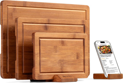 Deep-Carbonized Bamboo Cutting Board Set for Kitchen with Wood Storage Stand, Deep Juice Grooves, Easy-Grip Handles &