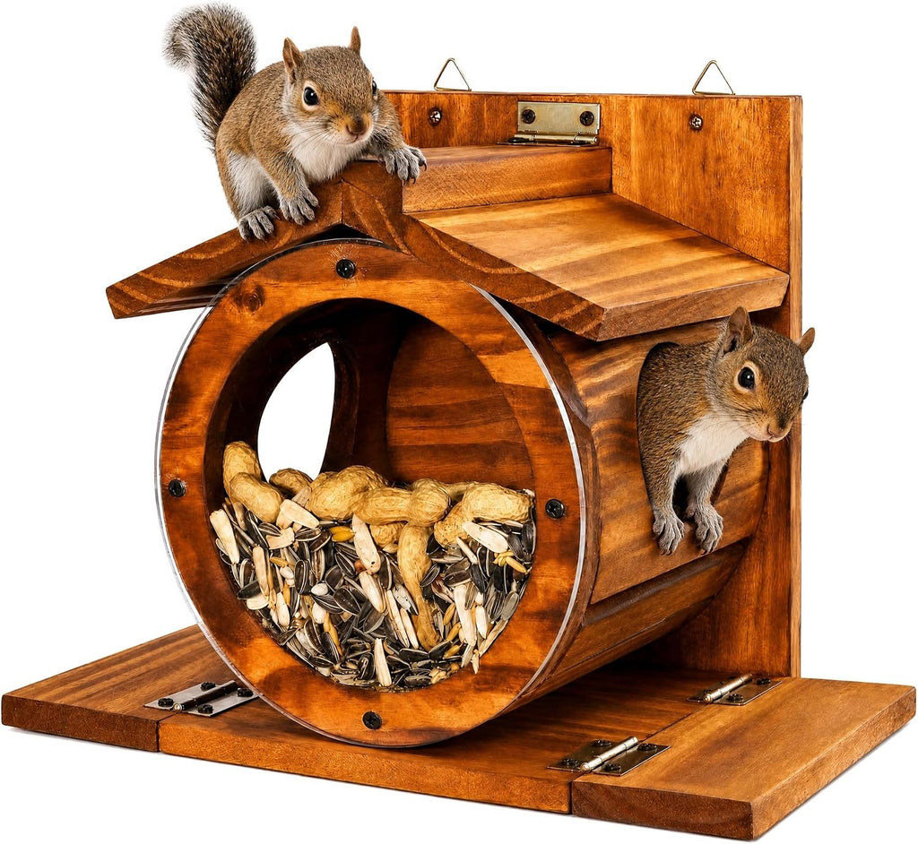 Premium Wood Squirrel Feeder House, Weatherproof Wall Mount Squirrel Food Station for Outside, Backyard Wildlife