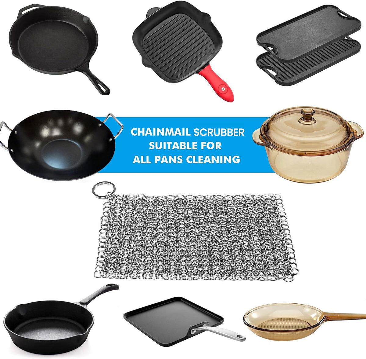Cast Iron Chainmail Scrubber, 316L Stainless Steel Cleaner 8x6 in