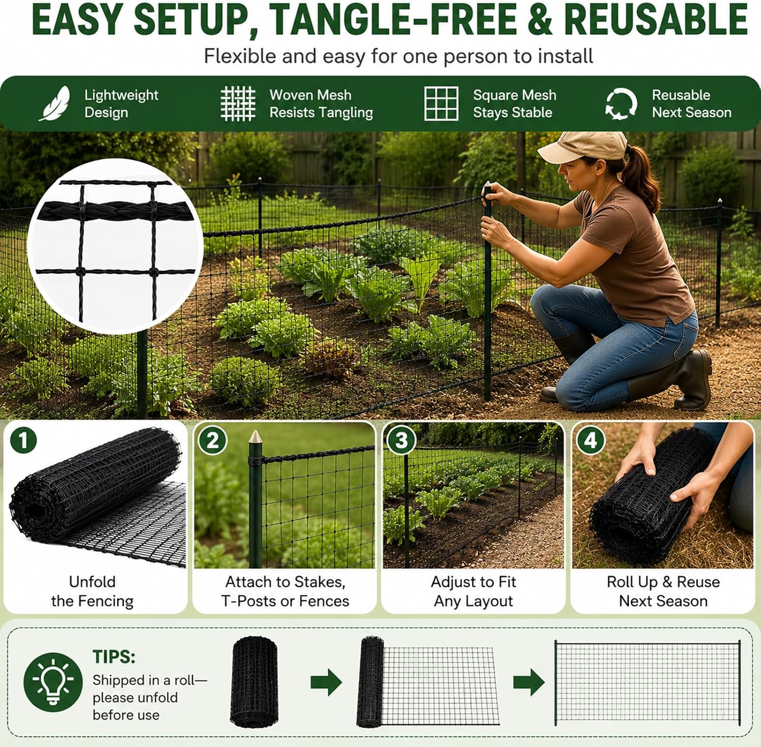 Deer Fence Netting, 7x100 Ft Plastic Mesh Fence Roll, Temporary Fence Black