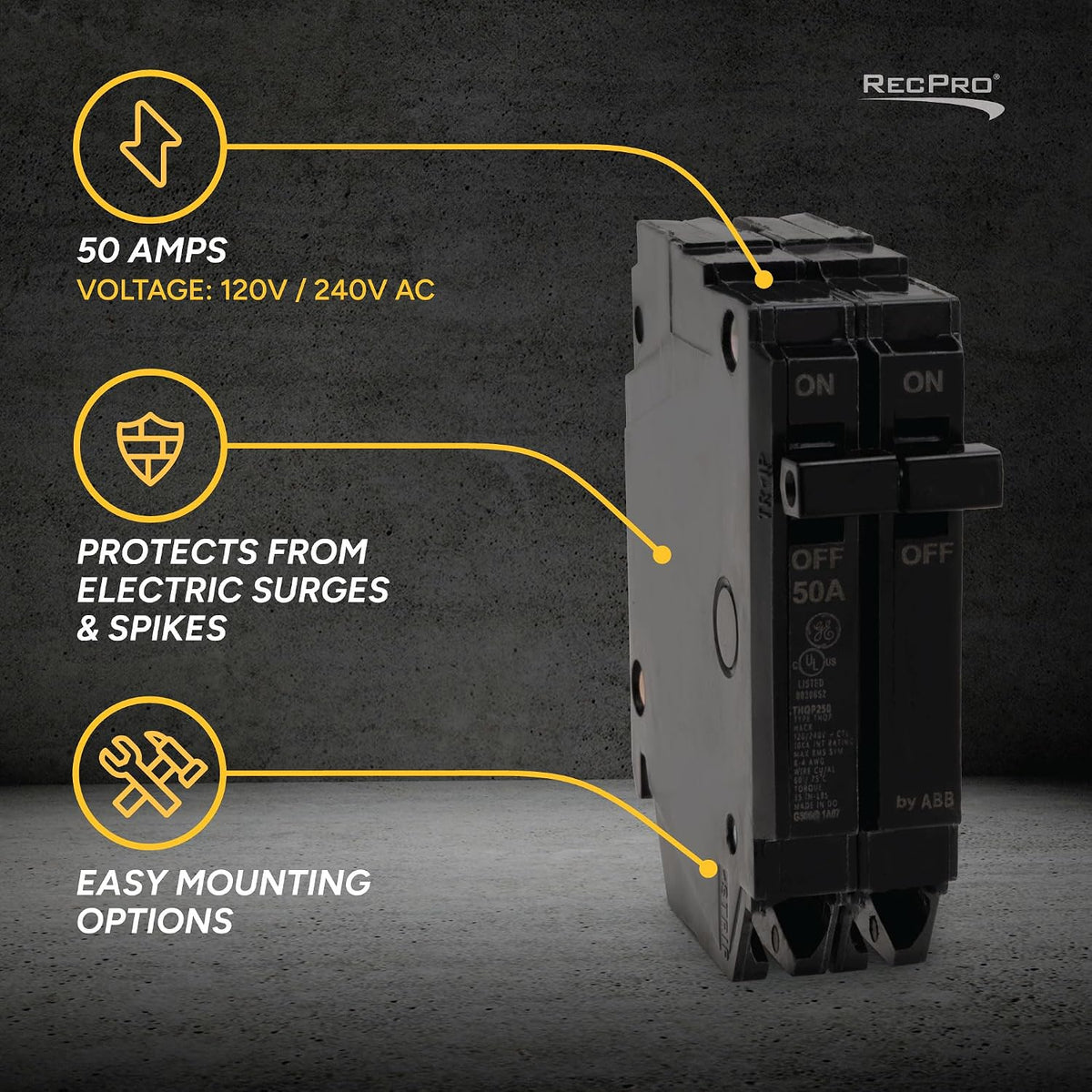 RecPro 2 Pole 50 Amp Circuit Breaker for RV, GE Equivalent