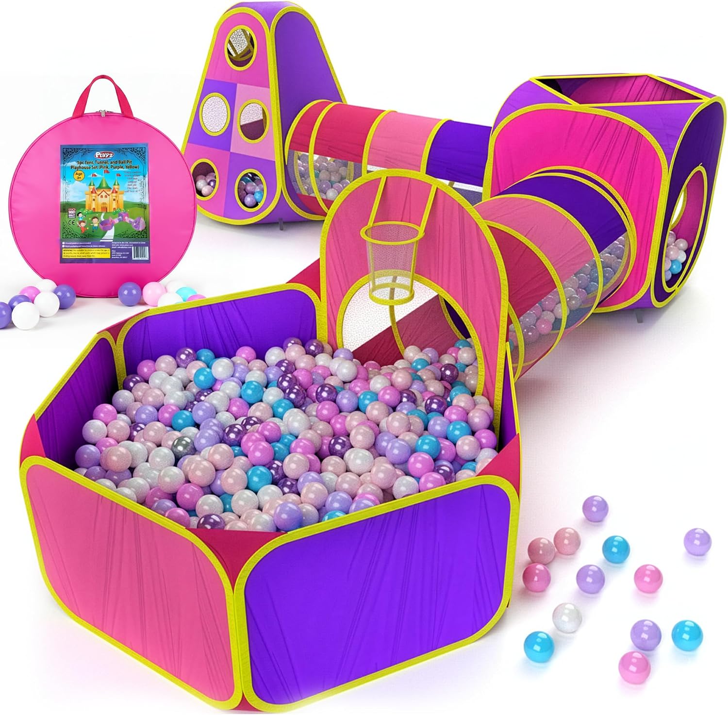 5pc Kids' Play Tents & Tunnels - Ball Pit for Toddlers, Basketball Hoop, Crawling Tubes, Pop-Up Playhouses, Baby