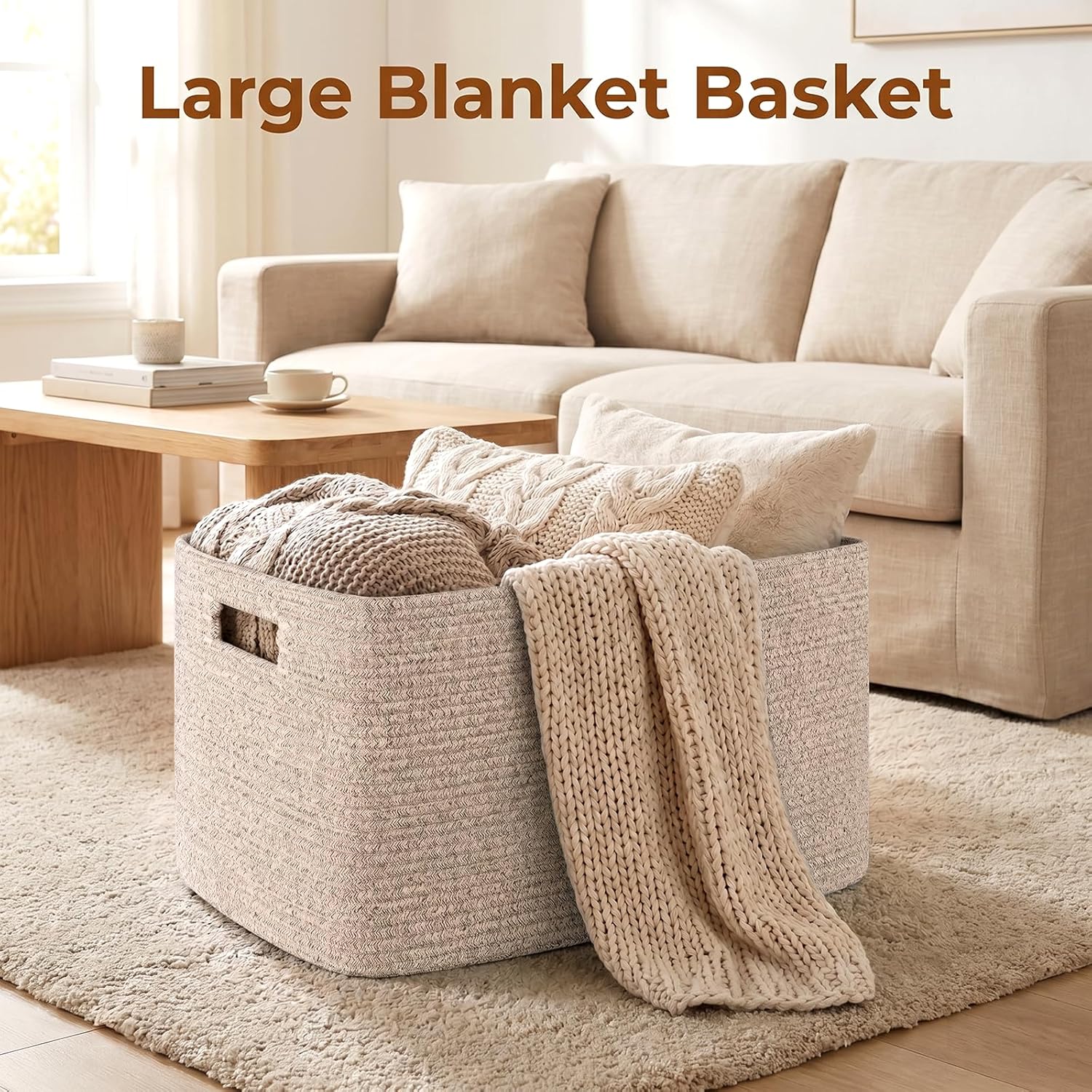 75L Large Woven Cotton Rope Storage Basket with Handle for Organizing Blanket and Toys for Living Room, Nursery