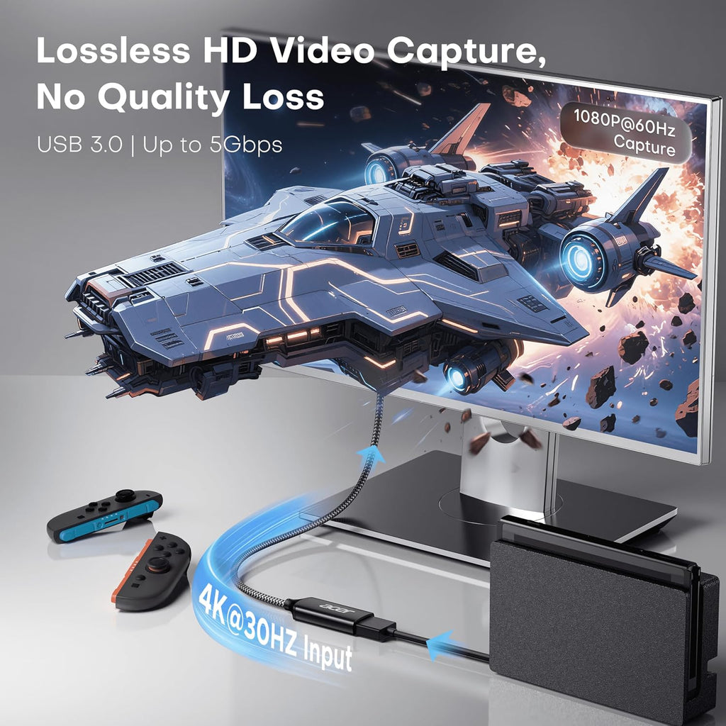Video Capture Card HDMI to USB 3.0, 1080P 60FPS/2K 30FPS for Streaming | Plug and Play with Type-C & Type-A Ports