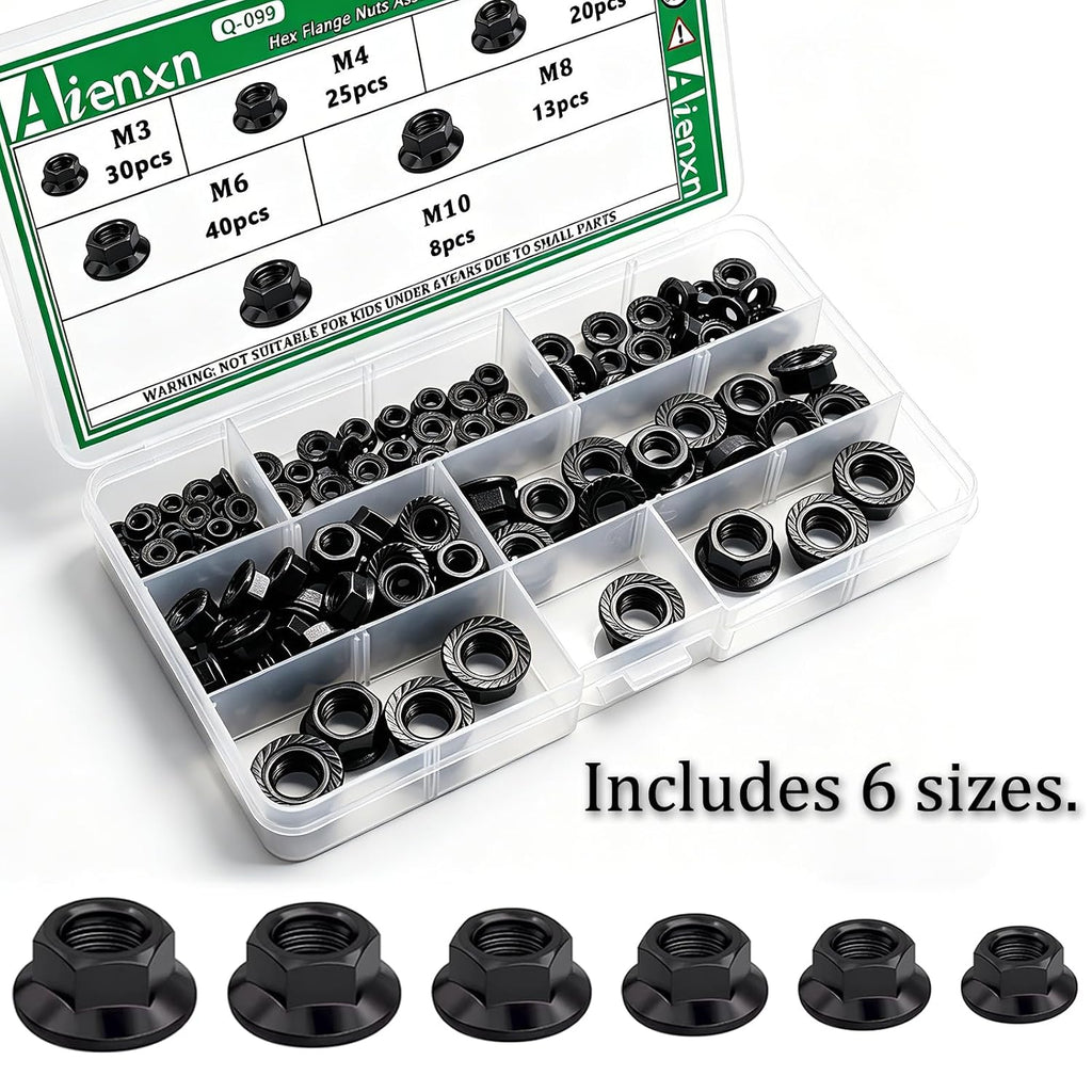 136PCS Hex Flange Nuts, Black Carbon Steel, 6 Metric Sizes M3-M10