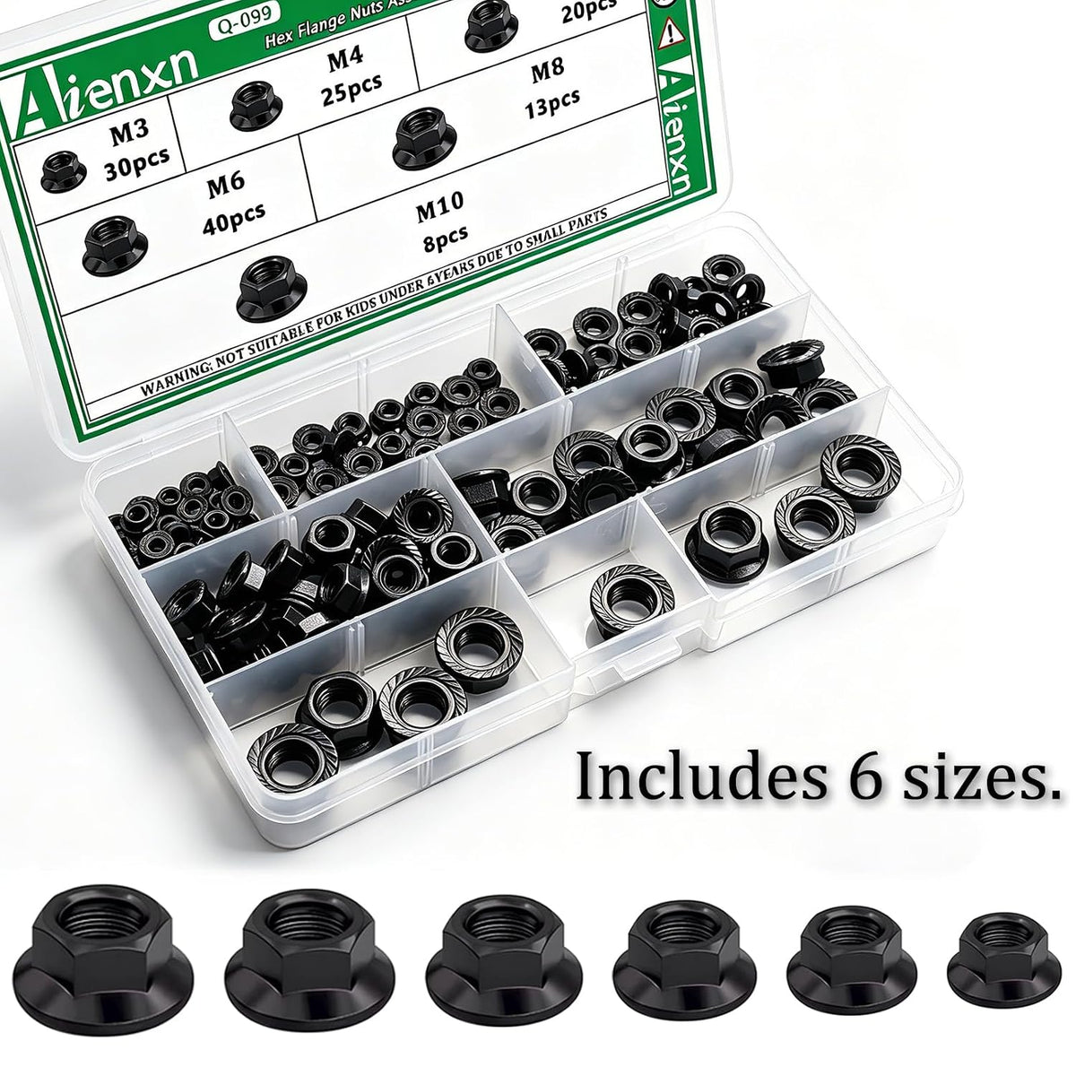 136PCS Hex Flange Nuts, Black Carbon Steel, 6 Metric Sizes M3-M10