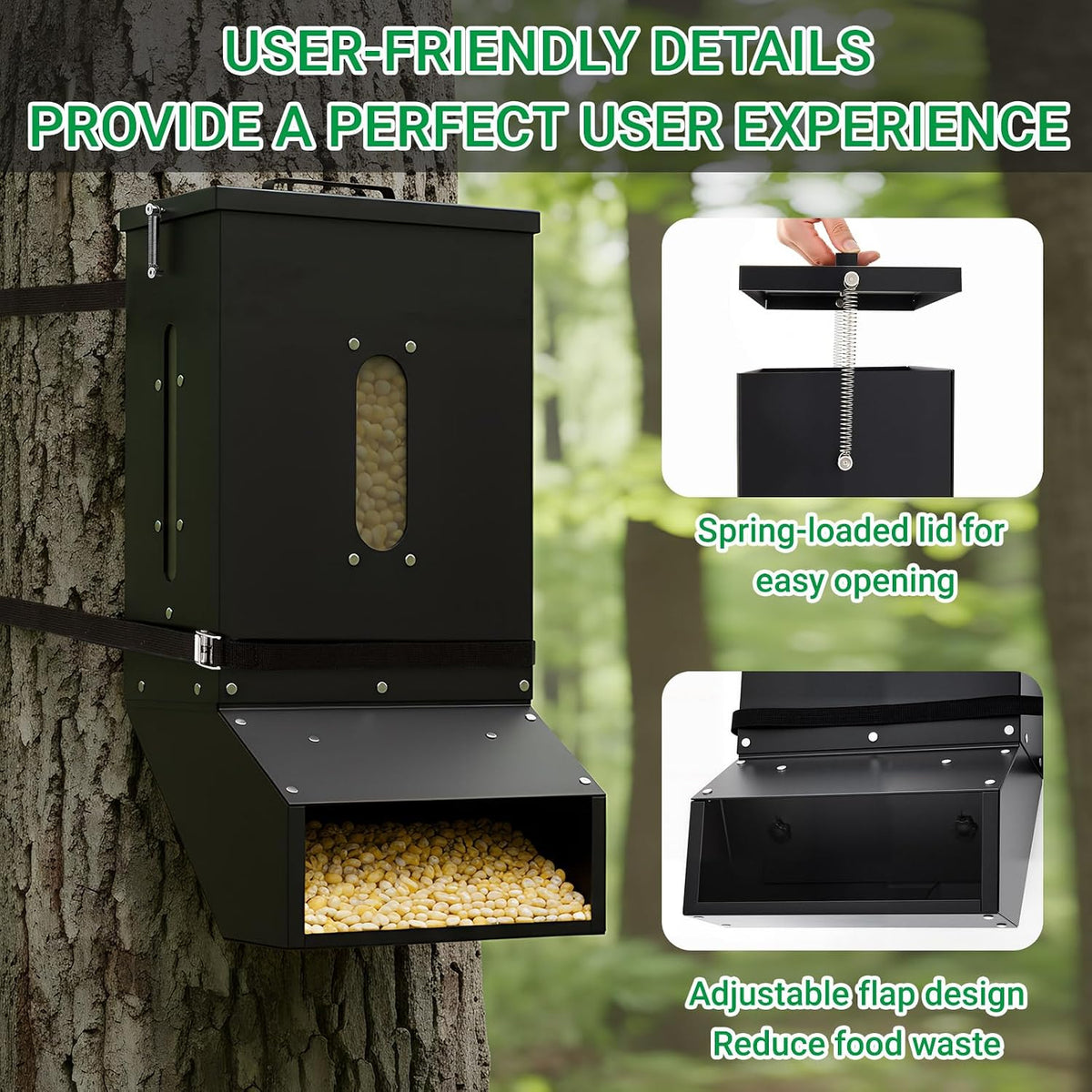 7 Galloon Gravity Deer Feeder, Heavy Duty Hanging Metal Deer Feeder Box with Automatic Dispenser Feeds Protein View