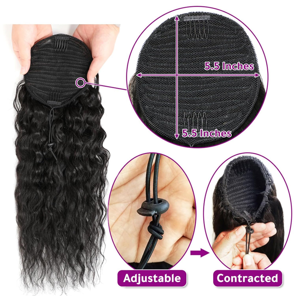 100% Human Hair Drawstring Ponytail Extension Water Wave in Natural Color 1B Corn Wave Ponytail Clip in Extensions