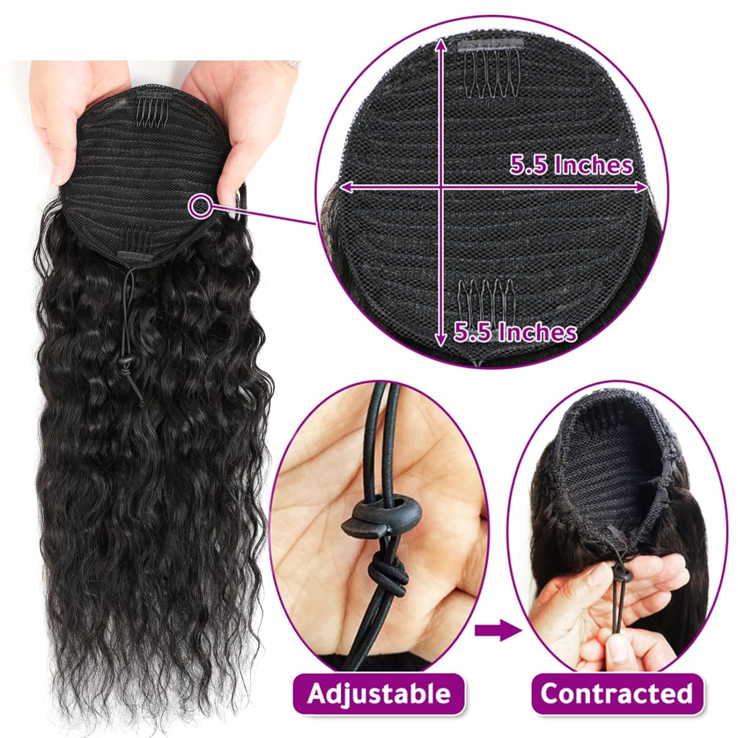 100% Human Hair Drawstring Ponytail Extension Water Wave in Natural Color 1B Corn Wave Ponytail Clip in Extensions