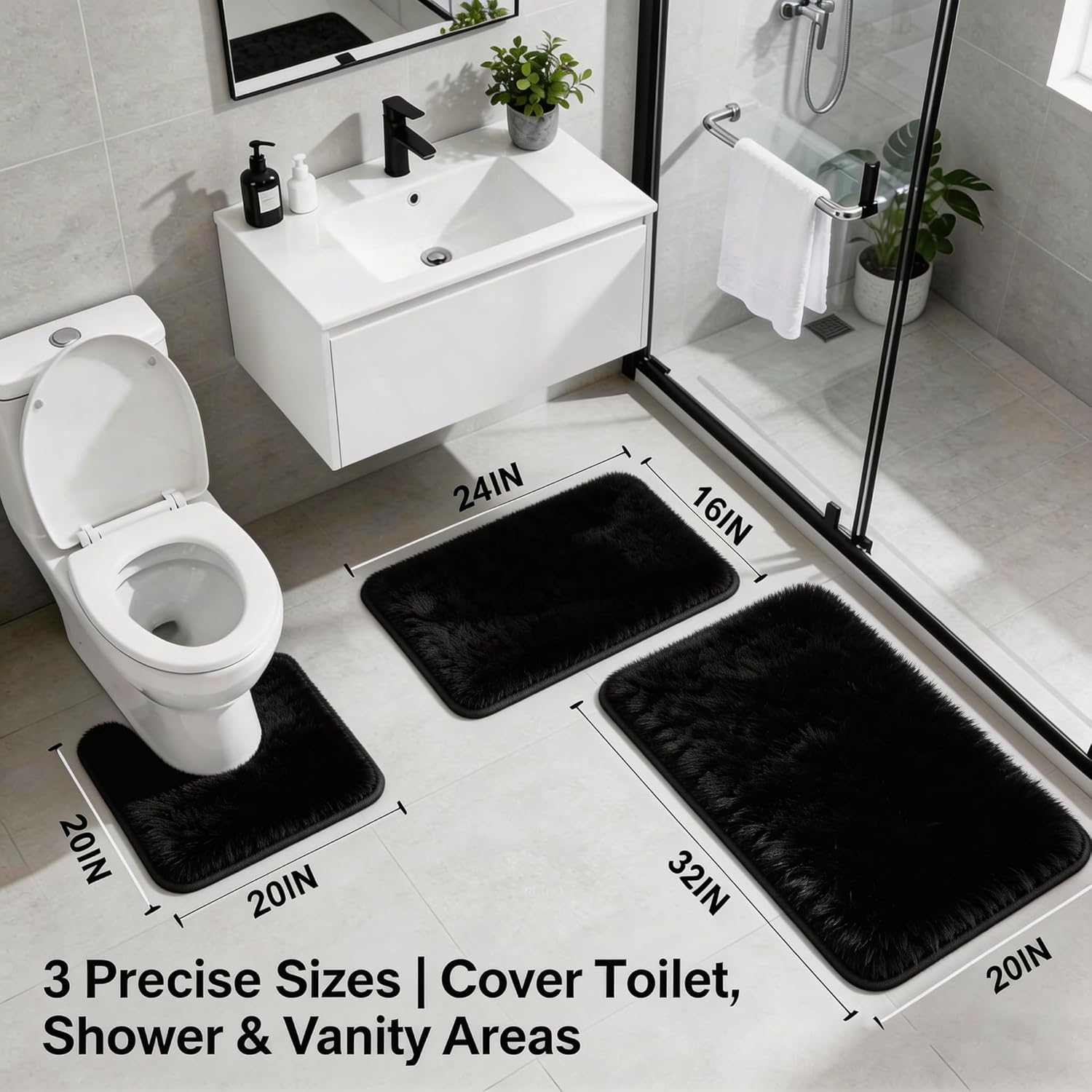Bathroom Rugs Set Plush Velvet Bath Rugs Non-Slip Shaggy Bath Mat Set 3 Piece,Washable Mats,Absorbent Shaggy Rugs