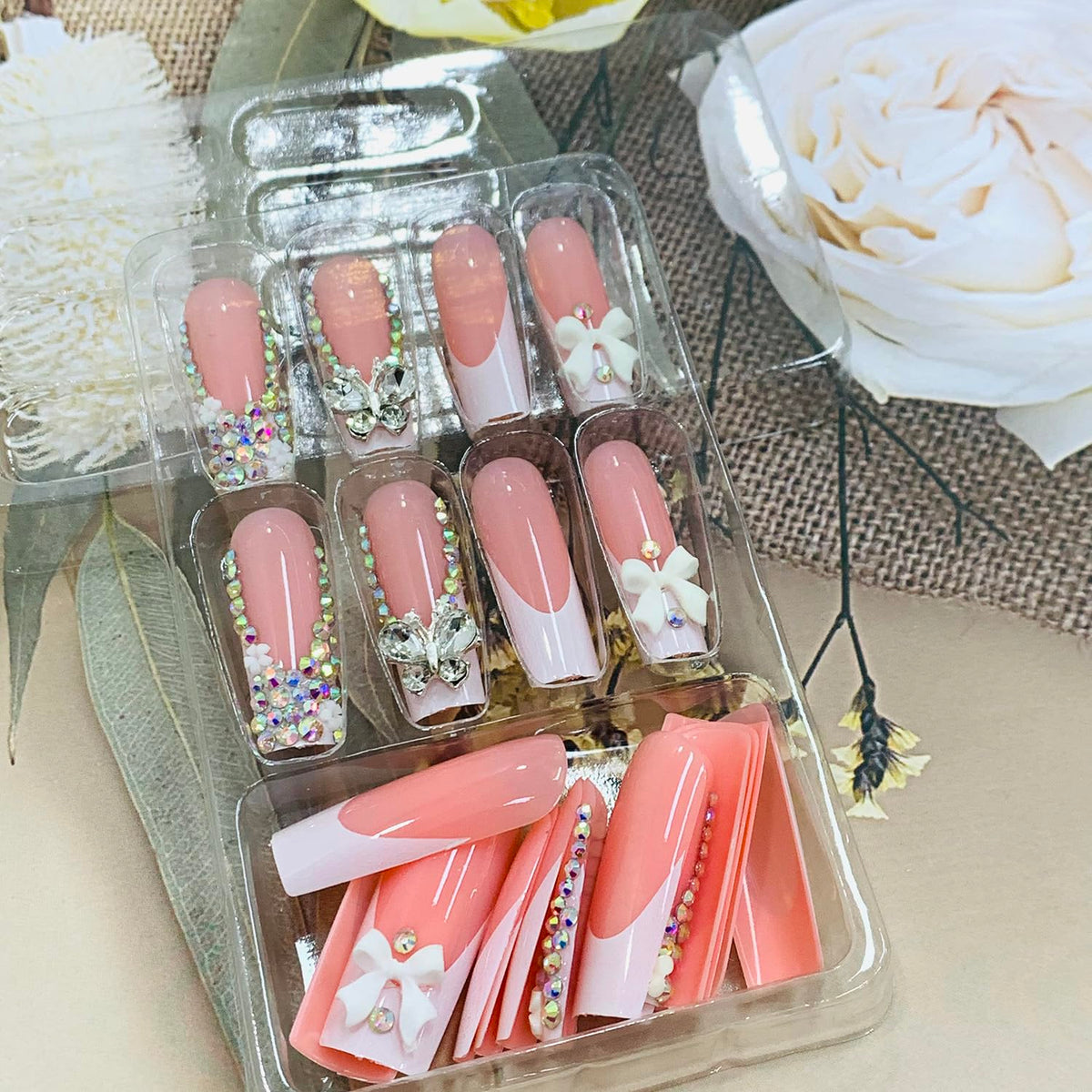 Press on Nails Long Coffin Shaped Acrylic Square False Nails with Designs Artificial Extra Long Length Coffin Fake