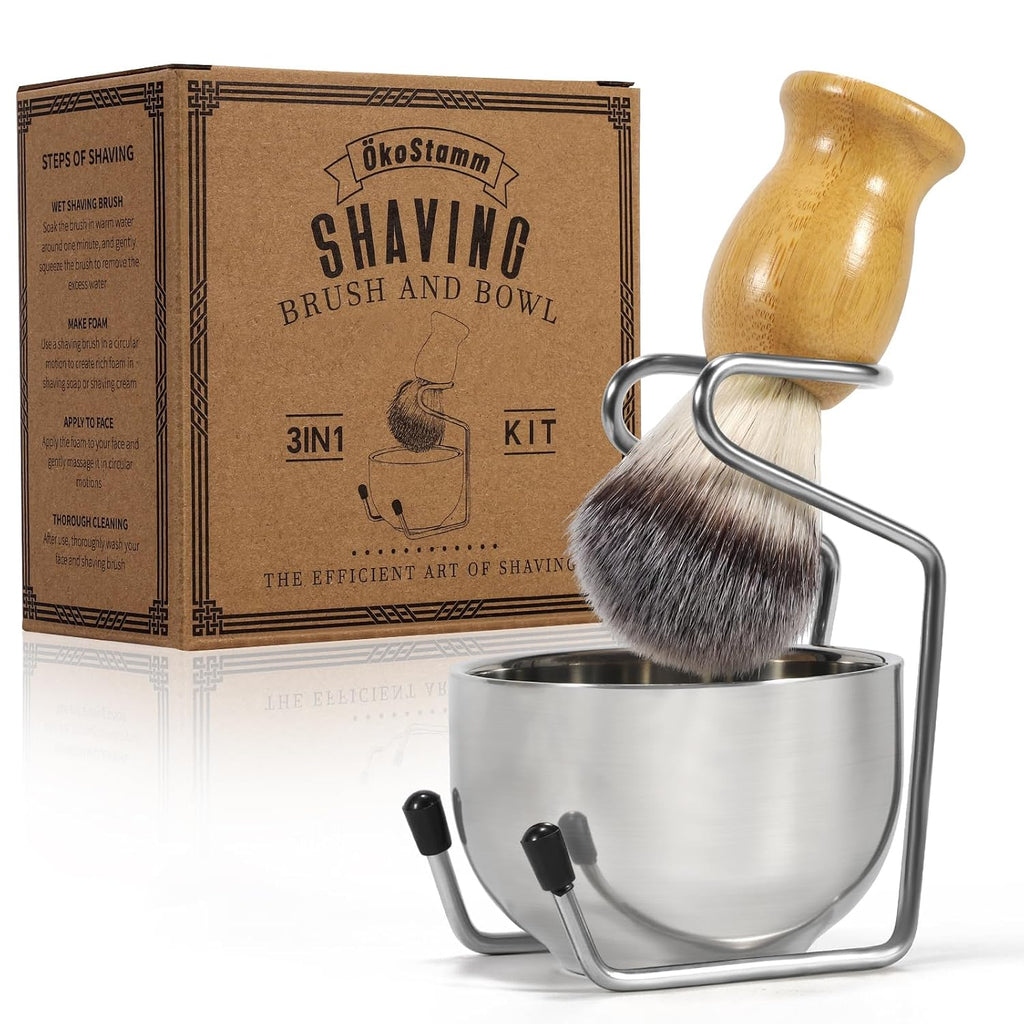 Bamboo Shaving Brush and Bowl with Synthetic Badger Bristle | Odorless Bristle, Ergonomic Handle, Starter Men’s