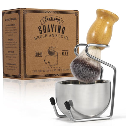 Bamboo Shaving Brush and Bowl with Synthetic Badger Bristle | Odorless Bristle, Ergonomic Handle, Starter Men’s