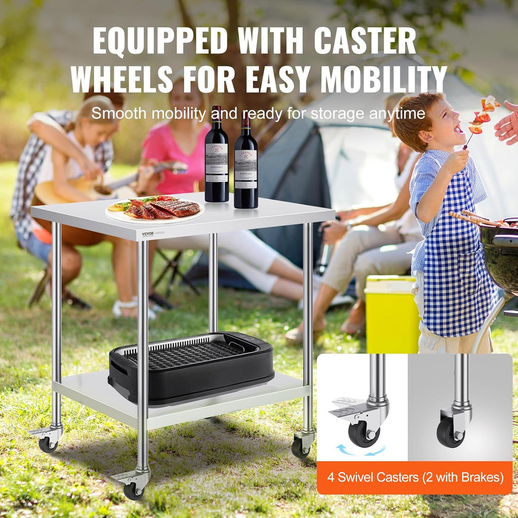 Stainless Steel Work Table 30 x 36 x 38 Inch, with 4 Wheels, 3 Adjustable Height Levels, Heavy Duty Food Prep