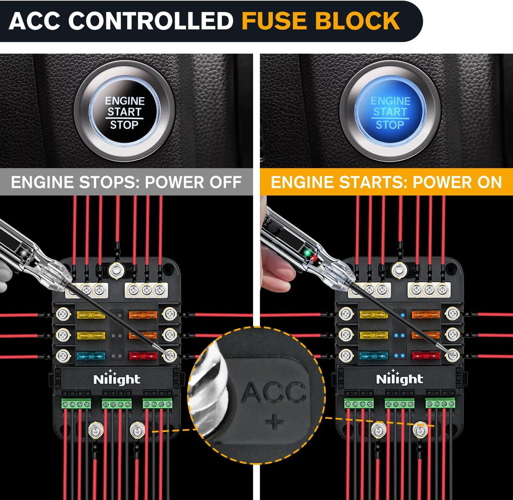 6 Way Fuse Relay Block with Acc Control Negative Bus 12V Blade Holder ATC/ATO Box Label Stickers Waterproof Cover