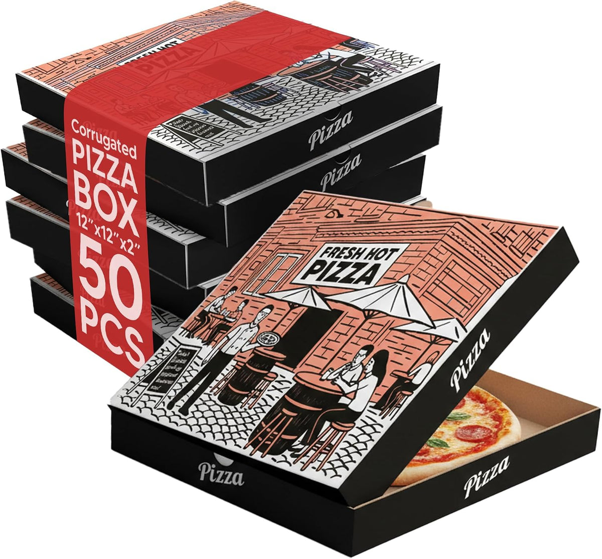 BULK Disposable Pizza Boxes 50 Pack | 12 Inch | Brown Kraft or White | B-Flute | Designed - Fresh Hot Pizza